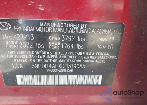 2013 Hyundai Elantra Gls z USA, uszkodzony, nr VIN 5NPDH4AEXDH319085